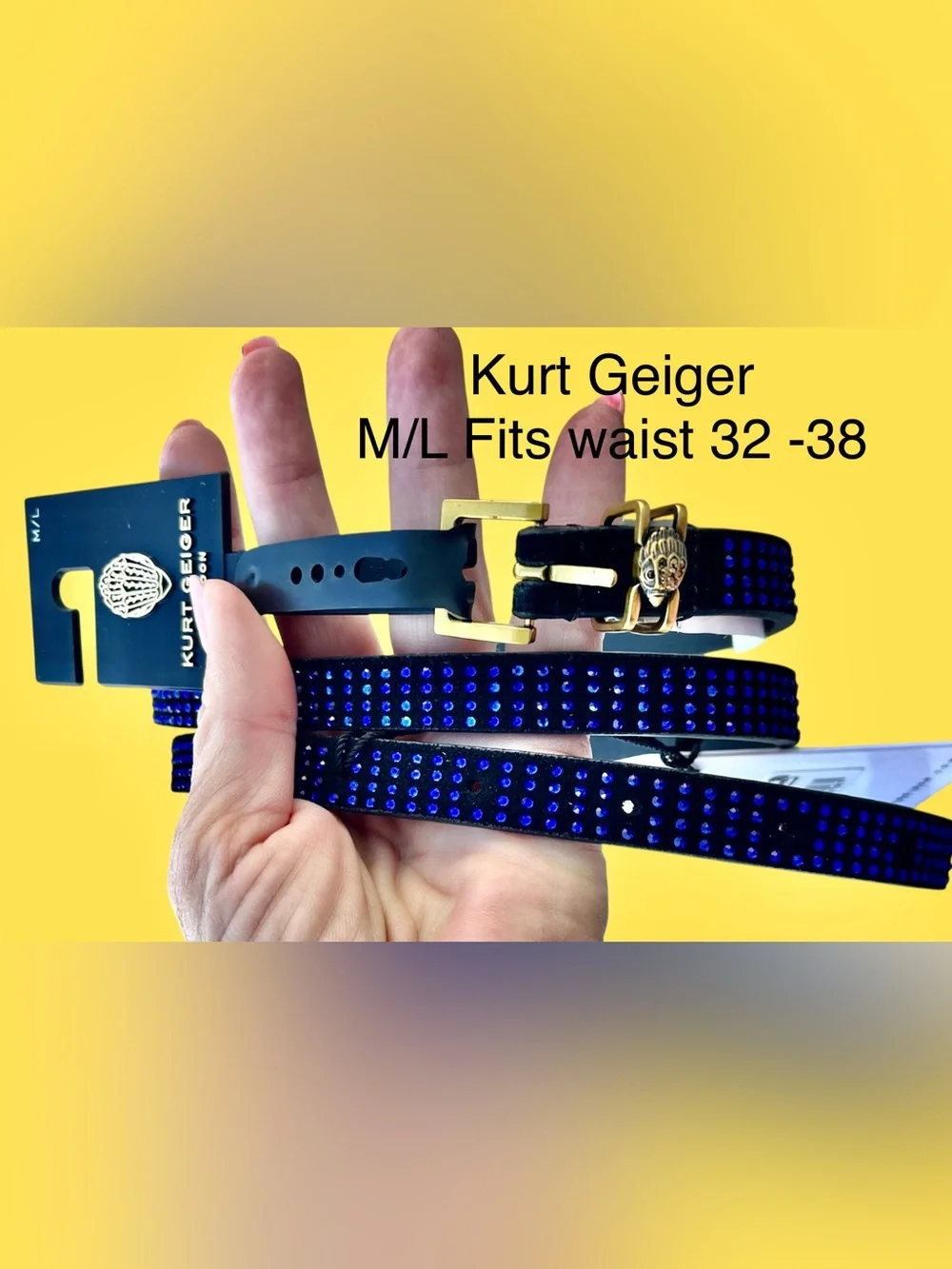 Kurt Geiger RP$105 NWT Shoreditch Belt M/L Blue Crystals/black microsuade